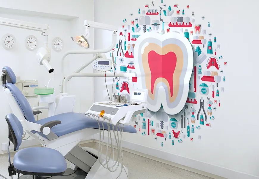 کاغذ دیواری سه بعدی مطب دندانپزشکی طرح ابزار و خدمات دندانپزشکی